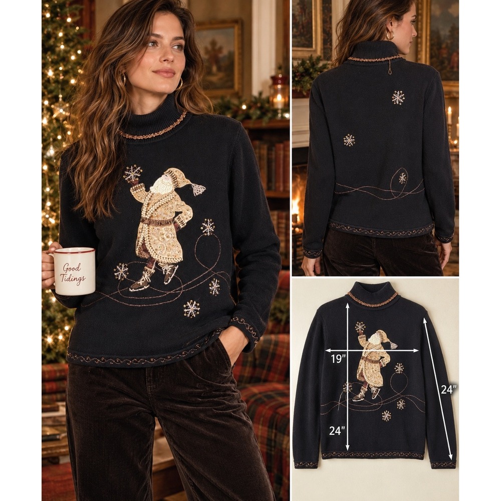 Vintage Talbots XL Beaded Santa Christmas Sweater Embroidered Holiday Turtleneck